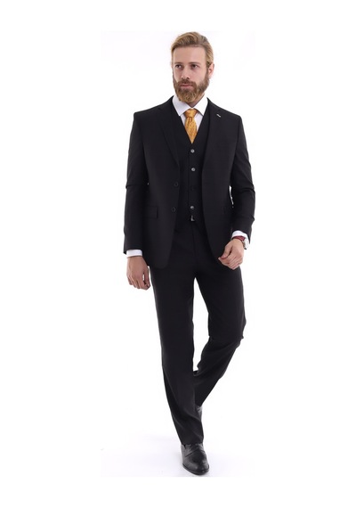 Presto Erkek Yelekli Slimfit Kareli Takım Elbise 6 Drop Siyah 707-011 Siyah
