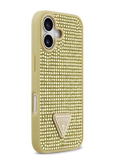 Apple Uyumlu iPhone 17 Kılıf Guess Lisanslı Taşlı Arka Yüzey Üçgen Logolu Kapak Gold