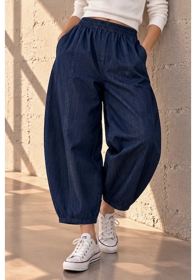 Bb Butik Basic Dökümlü Denim Balon Kesim Beli Lastikli Kadın Pantolon My3535 Mavi