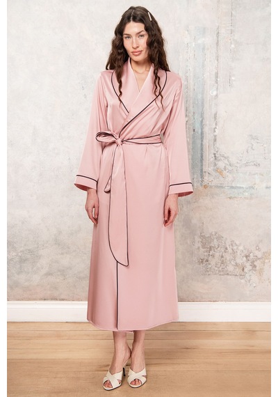 Francesca Gül Kurusu Uzun Saten Biye Detaylı Sabahlık / Kimono Pembe