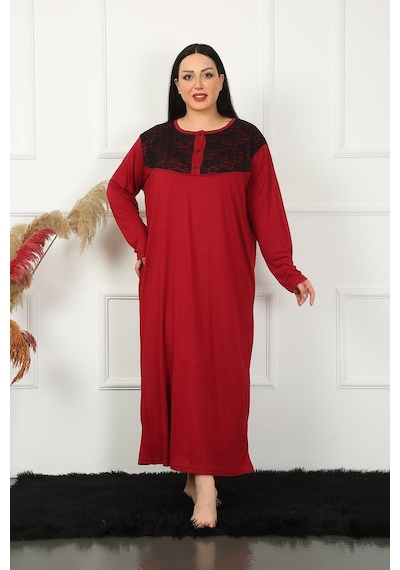 Akbeniz Big Uzun Kol Dantelli Bordo Anne Gecelik 1355