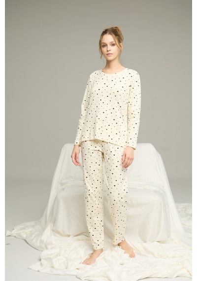 Siyah İnci Pamuklu Bisiklet Yaka Örme Pijama Takım25241142 Ekru