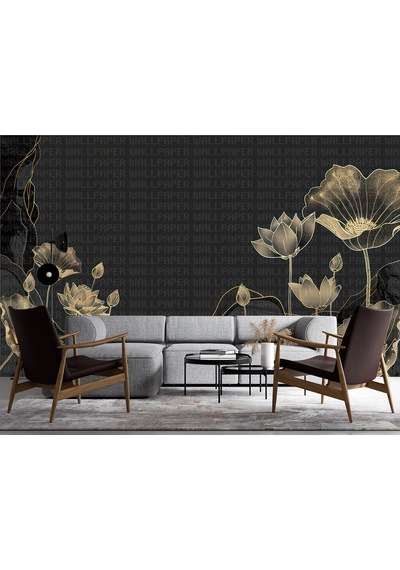 Siyah Zeminde Lotus Çiçeği Poster Duvar Kağıdı Renkli