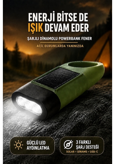 Solar Panelli Şarjlı Dinamolu Powerbank Fener El Kranklı Usb-c Kamp Ve Acil Durum Lambası Karabinalı Yeşil