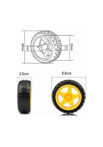 5 Adet Tt Tekerlek Tt Motor Uyumlu Robot Tekerleği 6.8cm Sarı Jant Lastik Teker Arduino Robot Araba Kiti