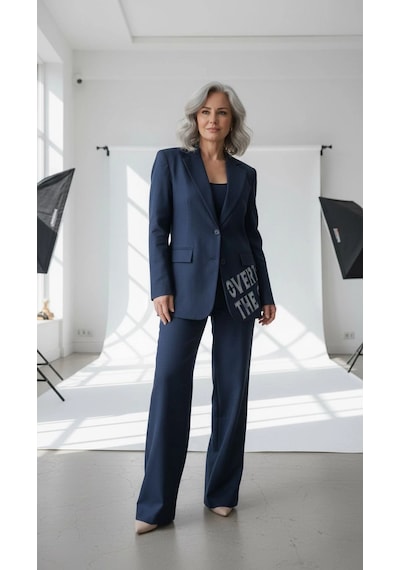 Byemelika Tasarım Baskılı Denim Blazer Lacivert