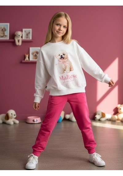 Kız Çocuk Pamuklu Köpek Baskılı Oversize Tasarım Sweatshirt-16472 Ekru