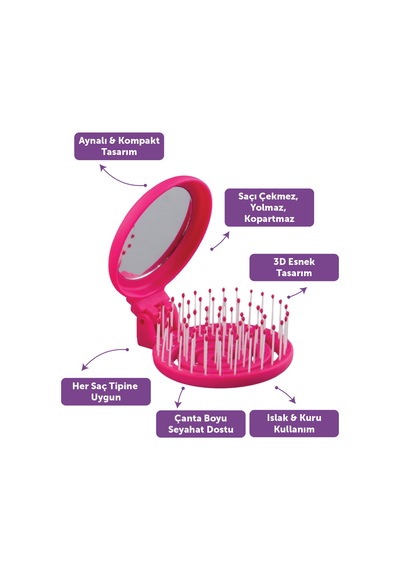 Beauty Makaron X Sw. Smiley Saç Fırçası - 3d Esnek, Aynalı, Çanta Boy - Compact Detangler Pembe