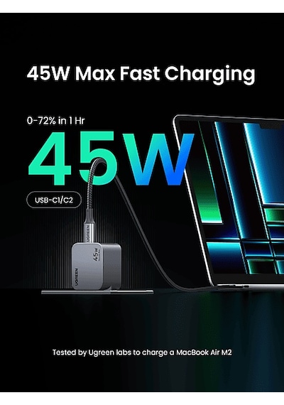 Ugreen Nexode Pro 45 W QC PD 2xUSB-C Gan Hızlı Şarj Cihazı Uzay Grisi