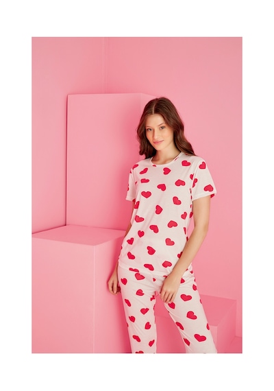 Rindahomewear Kadın Kalp Desenlı Viskon Baskılı Kısa Kol Pijama Takımı Ekru