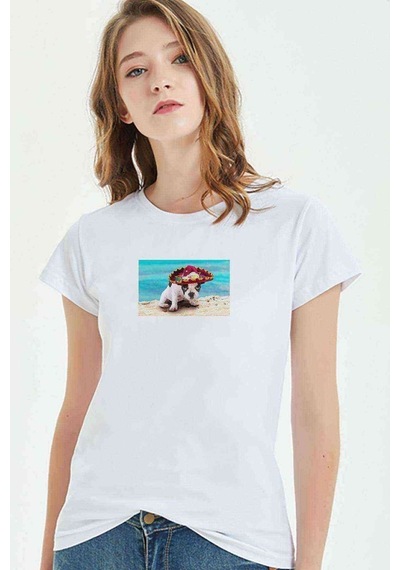 Vacation Puppys 2 Baskılı Beyaz Kadın Tshirt