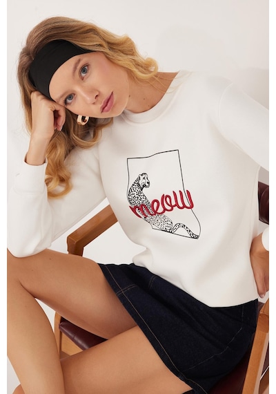 Tudors Kadın Regular Fit Klasik Kesim %100 Pamuk Baskılı Bisiklet Yaka Beyaz Sweatshirt-36931 Beyaz