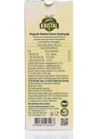 Kristal Organik Natürel Sızma Zeytinyağı Cam 250 ML