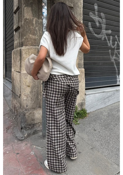 Madmext Kahverengi Fularlı Ekose Pantolon Mg2734