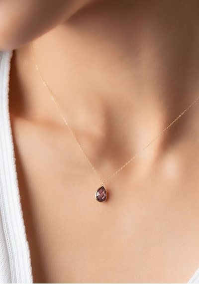 14 Ayar Altın Mor Taşlı Minimal Damla Kolye Sarı Altın