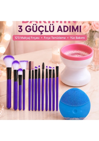 3 Lü Güzellik Ve Kişisel Bakım Seti 12 Li Makyaj Fırçası Fırça Temizleme Cihazı Ve Yüz Temizleme Cih