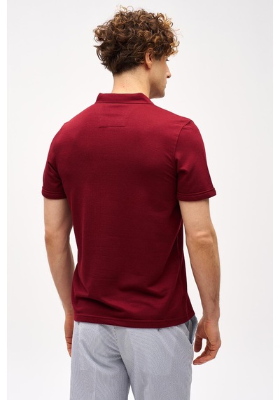 Bordo Slim Fit Dar Kalıp Fermuarlı Polo Yaka Düz Kısa Kollu Tişört-16407 Bordo