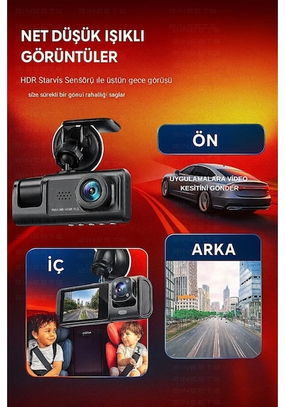 Wifi 1080p Araç İçi 3 Kameralı Lcd Ekranlı Gece Görüşlü , G-sensör , Geri Görüş Kamera