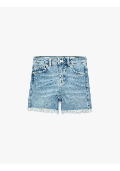Koton Pamuklu Cepli Püsküllü Paça Denim Şort Orta İndigo 6skg40114ad