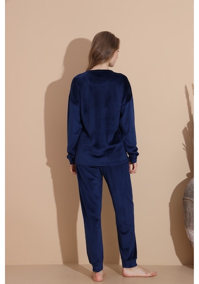 Lukitus Kadife Uzun Kol Kadın Pijama Takımı Lacivert