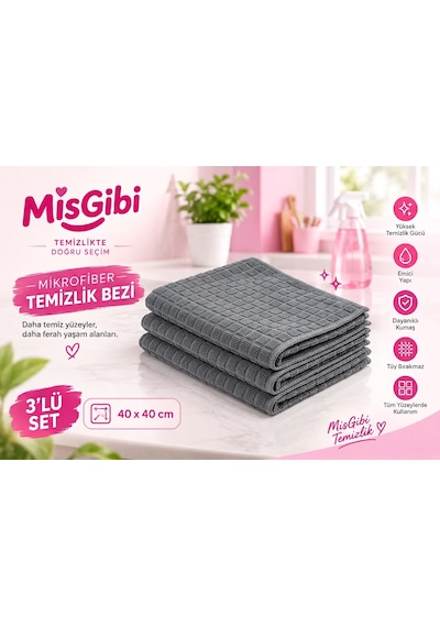 Misgibi Profesyonel 3'lü Mikrofiber Temizlik Bezi Kareli İz Ve Tüy Bırakmayan Gri