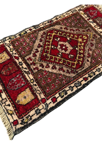 El Dokuma Küçük Kars Halısı 48x90 Kahve Kırmızı Kök Boya Yastık Halı Kahverengi
