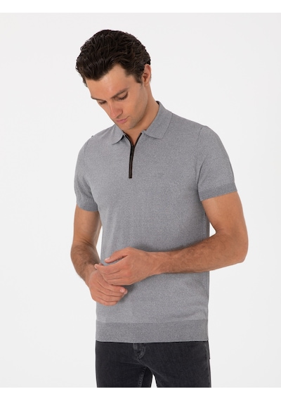 Gri Slim Fit Fermuarlı Polo Yaka Triko T-shirt