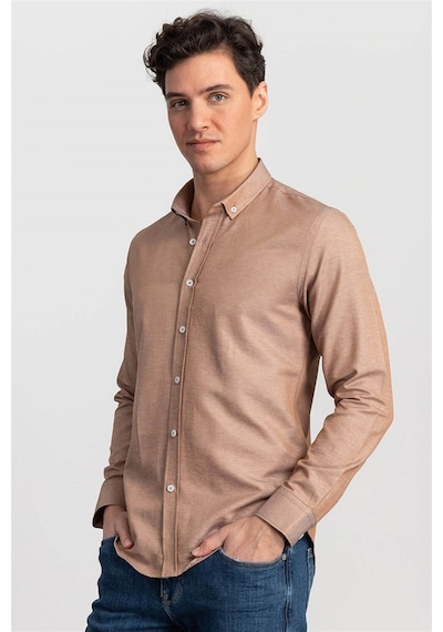 Tudors Slim Fit Dar Kesim Oxford Spor Erkek Gömlek-20325 Kum Rengi