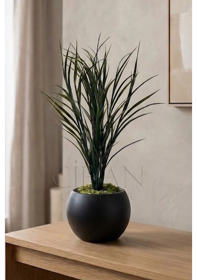 Küre Saksılı Koyu Yeşil Yapay Sazlık 80 Cm Beyaz