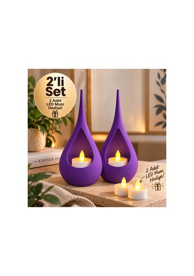 2 Li Dekoratif Mumluk Seti Modern Teardrop Tasarım, 2 Adet Led Mum Hediyeli, Şık Ev Dekorasyonu - Mor Açık