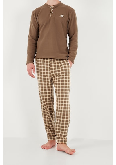 Buratti Kareli Düğmeli Hakim Yaka Yumuşak Dokulu Polar Pijama Takımı Erkek Pijama Takımı 6097023 Camel