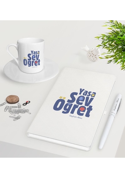 Kişiye Özel Yaşa Sev Öğret Beyaz Defter Kalem Türk Kahvesi Fincan N11.21181
