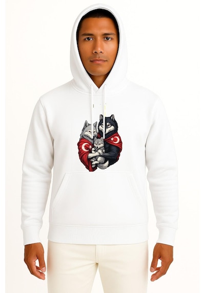 Bahriyeli Collection Kapüşonlu Anne - Baba Ve Çocuk Turan Kurt Ve Türk Bayrağı Göğüs Baskılı Unisex Sweatshirt Beyaz