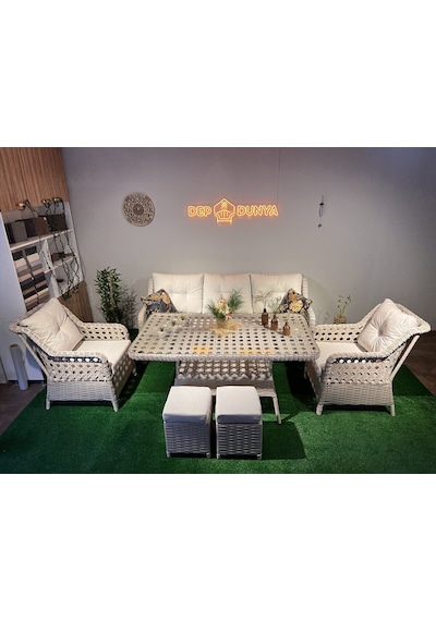 Depodunya Sercangarden Rattan Bahçe Balkon Teras Mobilyası Bahçe Takımı Oturma Grubu 7 Kişilik Bahçe Takımı Krem