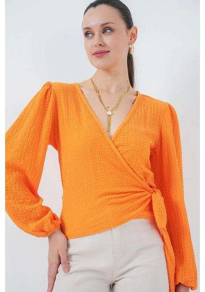 Defymoda 0441 Anvelop Örme Bluz - Turuncu Turuncu