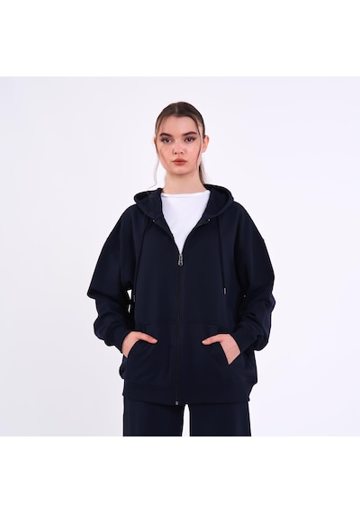 MMetalic Lacivert Kanguru Cepli Kapüşonlu Fermuarlı Oversize Kadın Sweatshirt Lacivert