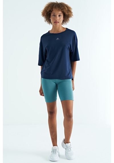 Tommy Life İndigo O Yaka Baskı Detaylı Oversize Kısa Kol Kadın T-shirt - 97263 Indigo
