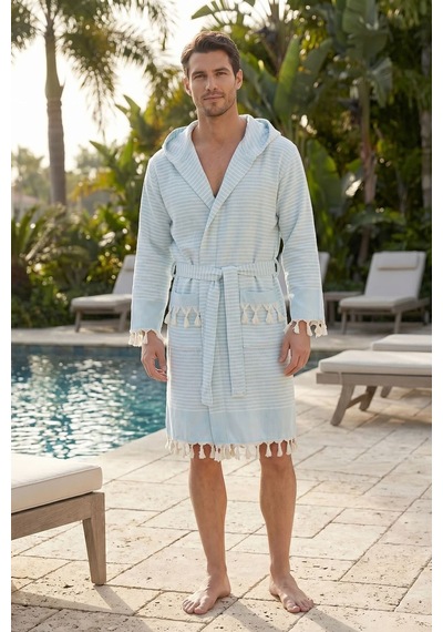 Kapşonlu Unisex Peştemal Plaj Bornozu %100 Pamuklu Seaside Stripe Turkuaz