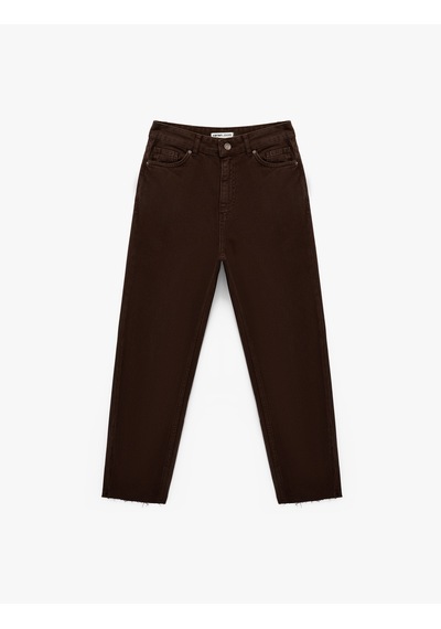 Koton Yüksek Bel Cepli Düğmeli Pamuklu Düz Paça Denim Pantolon - Mom Slim Jean Koyu Kahverengi 6sal40075mw Koyu Kahve