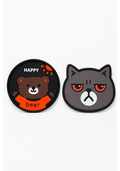 Kemboss Happy Ayıcık Ve Gri Kedi Bardak Altlığı Seti 4'lü - Pvc Kaydırmaz Bardak Altlığı 2 Happy Ayıcık + 2 Gri Kedi Çok Renkli