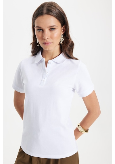 Tudors Kadın Slim Fit Dar Kesim %100 Pamuk Polo Yaka Beyaz Pike Tişört -50833