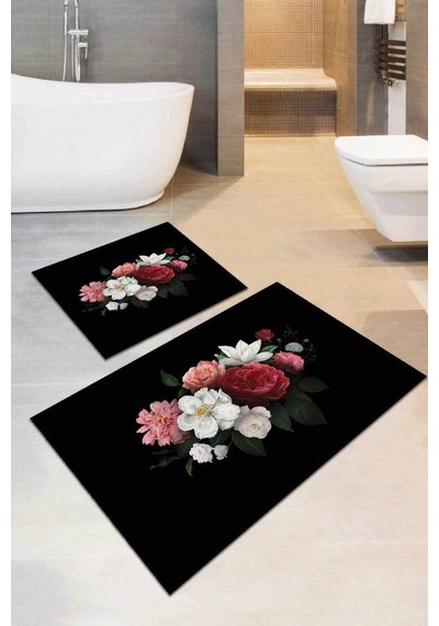 Siyah Çiçek Desenli Banyo Halısı Klozet Paspas Seti Bs004n11