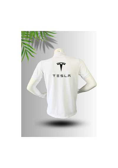 Dafri Tesla Logo Baskılı Polo Yaka Pamuk Tişört Beyaz