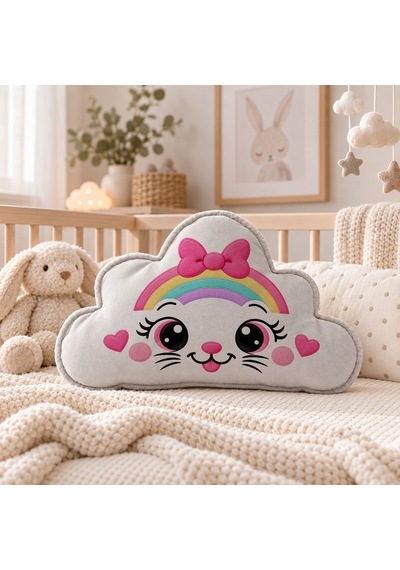 Bk Gift Sevimli Yüz Tasarımlı Gri Bulut Yastık-3 - Bebek Ve Çocuk Odası Dekoratif Yastık 34,5x22 Cm