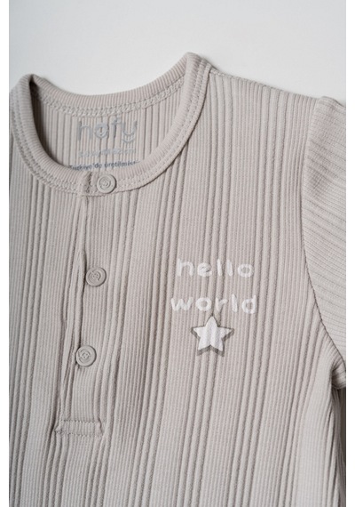 Hafy Baby Hello World İşlemeli, Kısa Kollu, Yazlık Bebek Tulumu Gri