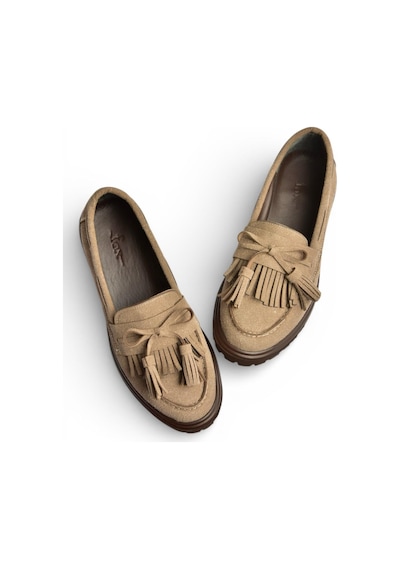 Fox Shoes Y996653002 Vizon Süet Püskül Detaylı Kadın Makosen Ayakkabı Vizon