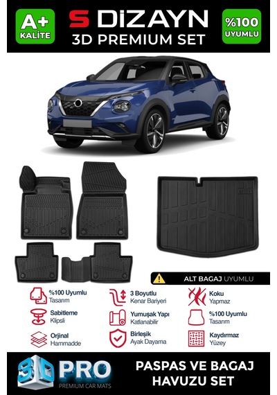 S-dizayn Nissan Juke 3d Pro Havuzlu Paspas Ve Alt Bagaj Havuzu Seti 2'li Set 2019 Üzeri A+ Kalite