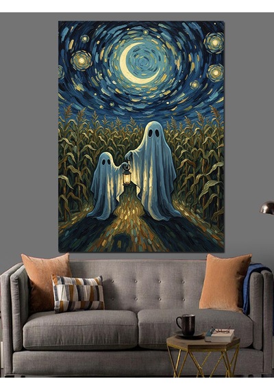 Ahşap Tablo Van Gogh Tarzı Yıldızlı Gecede Hayaletler İllüstrasyonu