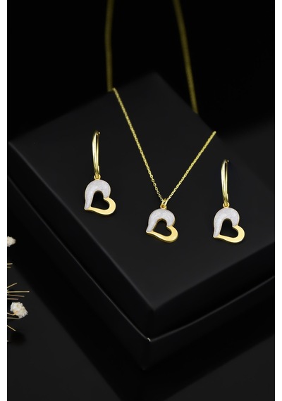 Papatya Silver 925 Ayar Gümüş Gold Kaplama Sedef Mineli Kalp Kolye ve Küpe Kadın Set UVPTS600004