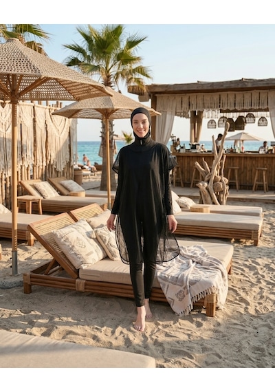 Pierre Cardin Büyük Beden Dik Yaka Fermuarlı İç Giyimli Çift Boneli File Elbiseli Tulum Kadın Tesettür Mayo Siyah Pierre Cardin Büyük Beden Dik Yaka Fermuarlı İç Giyimli Çift Boneli File Elbiseli Tulum Kadın Tesettür Mayo Siyah